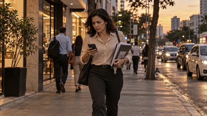 Corretora apressada na calçada com documentos, chaves e celular nas mãos.