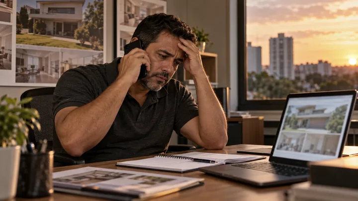 Corretor ao telefone com a mão na testa em um escritório pequeno.