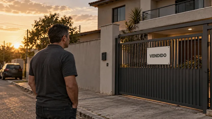 Corretor olhando um sobrado com placa de vendido no portão ao entardecer.